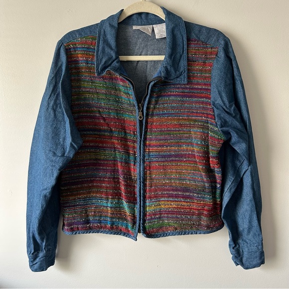 Blair Jackets & Blazers - Vintage Blair zip front denim jacket chenille knit front Aztec southwestern M